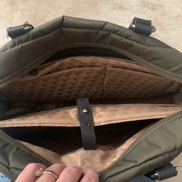 Lo & Sons Olive Green O.M.G. Laptop bag with gold hardware and tan interior.
